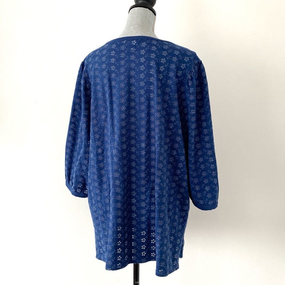 Rare J. Jill Deep Indigo Blue Eyelet Tunic XL Balloon 3/4 Sleeves Coastal Boho - Picture 6 of 10